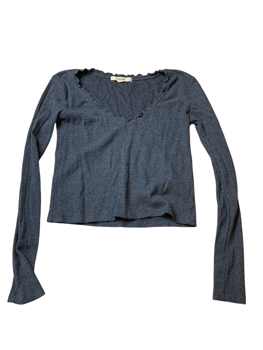 Harlow Ribbed Lettuce Trim V-Neck Long Sleeve Top Charcoal Grey XS